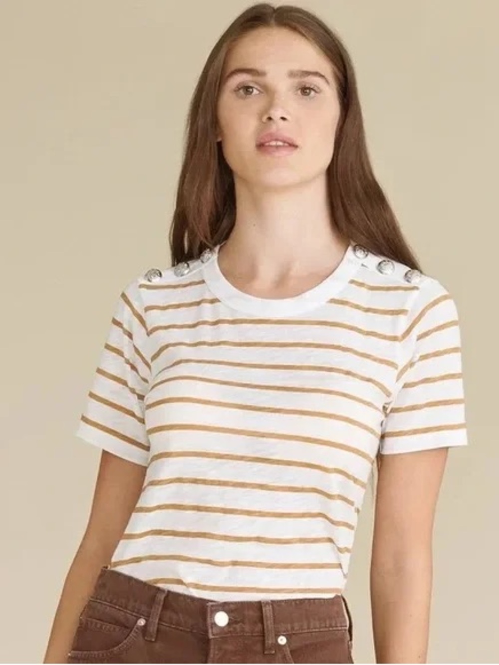 Veronica Beard Carla Striped Cotton T Shirt with silver button detail small